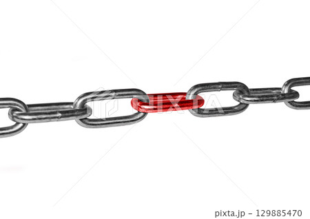 Iron chain links with red link center isolated on white background 129885470