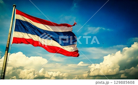 破けて朽ちた古いタイの国旗。 破けて朽ちた古いタイの国旗。 129885608