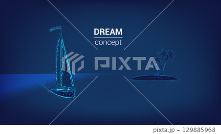 Yacht and two palm trees on an islet from polygons and points. Dream concept Yacht and two palm trees on an islet from polygons and points. Dream concept 129885968