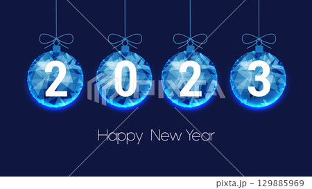Christmas polygonal balls. New Year 2023. Background of beautiful dark blue night sky Christmas polygonal balls. New Year 2023. Background of beautiful dark blue night sky 129885969