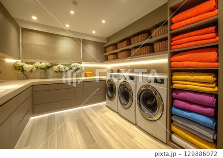 A laundry room with a white washer and dryer and a rack of towels 129886072