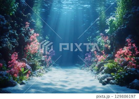 A beautiful underwater scene with a path of flowers leading to a coral reef 129886197
