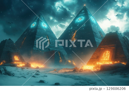 A futuristic scene of pyramids with glowing lights and a cloudy sky 129886206