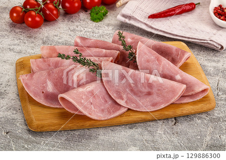 Sliced pork ham sausages slices Sliced pork ham sausages slices 129886300
