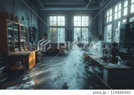 A room with a lot of smoke and a lot of broken glass 129886460