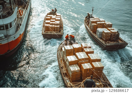 Three boats are carrying boxes on the water Three boats are carrying boxes on the water 129886617
