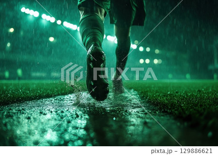 A soccer player is running on a wet field with green lights in the background 129886621