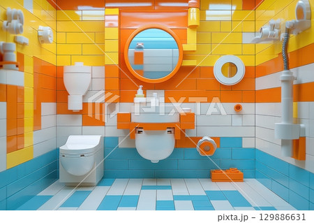 A bathroom made out of legos with a toilet, sink, and mirror 129886631