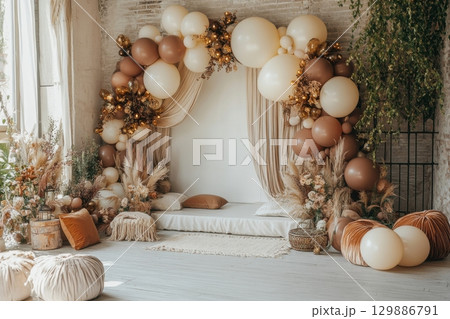 A room with a white curtain and a bed with pillows A room with a white curtain and a bed with pillows 129886791