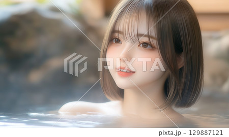 露天風呂に入る若い女性 129887121