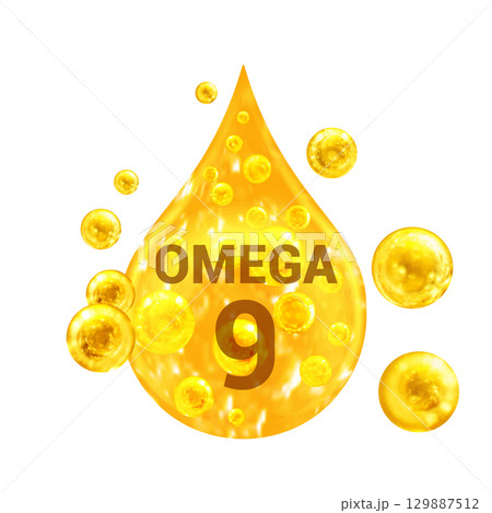 Vitamin OMEGA 9. Images golden drop and balls with oxygen bubbles. Health concept. Isolated Vitamin OMEGA 9. Images golden drop and balls with oxygen bubbles. Health concept. Isolated 129887512