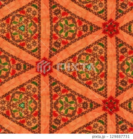 Traditional design with phulkari kalamkari motifs from Pakistan and Indian culture. Geometric ethnic floral pattern for carpet dupatta batik embroidery. Panjabi Digital print as boho Aztec texture art 129887731