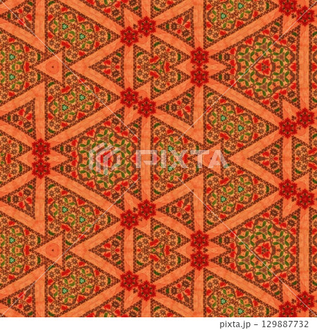 Traditional design with phulkari kalamkari motifs from Pakistan and Indian culture. Geometric ethnic floral pattern for carpet dupatta batik embroidery. Panjabi Digital print as boho Aztec texture art 129887732
