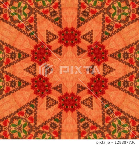 Traditional design with phulkari kalamkari motifs from Pakistan and Indian culture. Geometric ethnic floral pattern for carpet dupatta batik embroidery. Panjabi Digital print as boho Aztec texture art 129887736