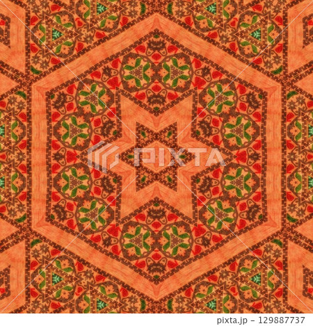 Traditional design with phulkari kalamkari motifs from Pakistan and Indian culture. Geometric ethnic floral pattern for carpet dupatta batik embroidery. Panjabi Digital print as boho Aztec texture art Traditional design with phulkari kalamkari motifs from Pakistan and Indian culture. Geometric ethnic floral pattern for carpet dupatta batik embroidery. Panjabi Digital print as boho Aztec texture art 129887737