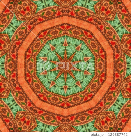 Traditional design with phulkari kalamkari motifs from Pakistan and Indian culture. Geometric ethnic floral pattern for carpet dupatta batik embroidery. Panjabi Digital print as boho Aztec texture art 129887742