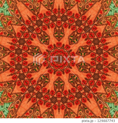Traditional design with phulkari kalamkari motifs from Pakistan and Indian culture. Geometric ethnic floral pattern for carpet dupatta batik embroidery. Panjabi Digital print as boho Aztec texture art 129887743