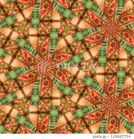 Traditional design with phulkari kalamkari motifs from Pakistan and Indian culture. Geometric ethnic floral pattern for carpet dupatta batik embroidery. Panjabi Digital print as boho Aztec texture art 129887754