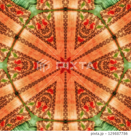 Traditional design with phulkari kalamkari motifs from Pakistan and Indian culture. Geometric ethnic floral pattern for carpet dupatta batik embroidery. Panjabi Digital print as boho Aztec texture art 129887786