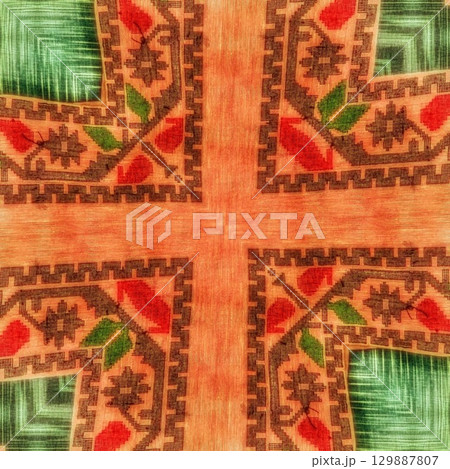 Traditional design with phulkari kalamkari motifs from Pakistan and Indian culture. Geometric ethnic floral pattern for carpet dupatta batik embroidery. Panjabi Digital print as boho Aztec texture art Traditional design with phulkari kalamkari motifs from Pakistan and Indian culture. Geometric ethnic floral pattern for carpet dupatta batik embroidery. Panjabi Digital print as boho Aztec texture art 129887807