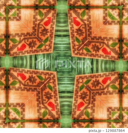 Traditional design with phulkari kalamkari motifs from Pakistan and Indian culture. Geometric ethnic floral pattern for carpet dupatta batik embroidery. Panjabi Digital print as boho Aztec texture art 129887864