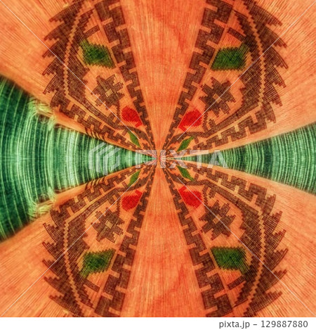 Traditional design with phulkari kalamkari motifs from Pakistan and Indian culture. Geometric ethnic floral pattern for carpet dupatta batik embroidery. Panjabi Digital print as boho Aztec texture art 129887880