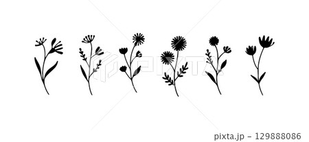 Whimsical Mini Flowers. A lively group of varied small flower icons with playful shapes and organic balance, ideal for fun and casual designs. 129888086