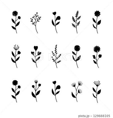 Whimsical Mini Flowers. A lively group of varied small flower icons with playful shapes and organic balance, ideal for fun and casual designs. 129888105