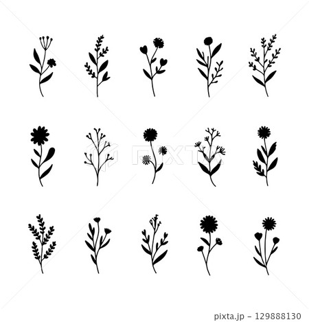 Whimsical Mini Flowers. A lively group of varied small flower icons with playful shapes and organic balance, ideal for fun and casual designs. Whimsical Mini Flowers. A lively group of varied small flower icons with playful shapes and organic balance, ideal for fun and casual designs. 129888130