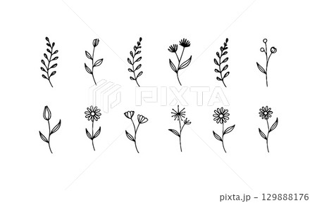 Whimsical Mini Flowers. A lively group of varied small flower icons with playful shapes and organic balance, ideal for fun and casual designs. Whimsical Mini Flowers. A lively group of varied small flower icons with playful shapes and organic balance, ideal for fun and casual designs. 129888176