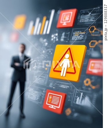 employee under pressure with digital reports and warning symbols 129888317