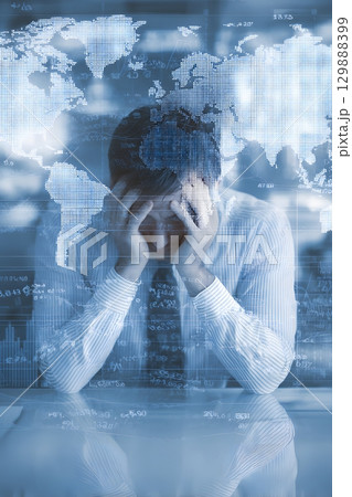 frustrated investor checking market analysis with global taxes overlay 129888399