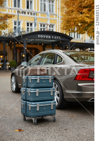 Baggage trolley next to sedan with open trunk at pickup Baggage trolley next to sedan with open trunk at pickup 129888515