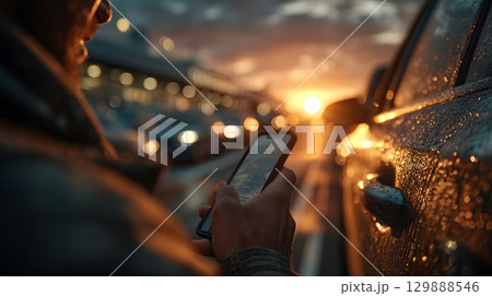 Man holding phone while locating airport pickup car in evening light 129888546