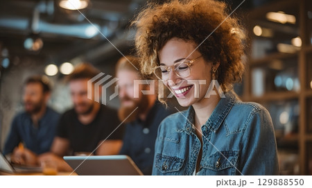 Team lead evaluating campaign metrics with digital tablet, relaxed but sharp style, Team lead evaluating campaign metrics with digital tablet, relaxed but sharp style, 129888550