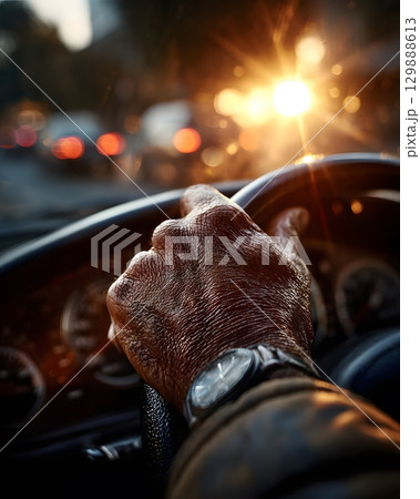 Close up of driver hand on steering wheel as passenger enters Close up of driver hand on steering wheel as passenger enters 129888613