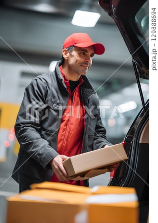 delivery driver loading packages into car near...のイラスト素材 [129888694 ...