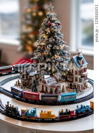 toy train circling around base of Christmas tree toy train circling around base of Christmas tree 129888851
