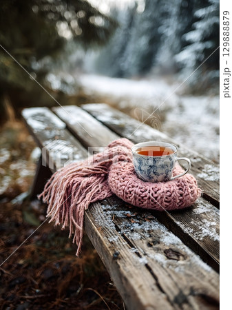 hot tea and scarf on wooden bench in winter forest hot tea and scarf on wooden bench in winter forest 129888879