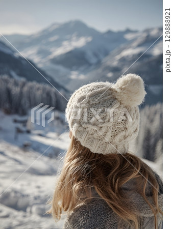 girl wearing knitted hat looking at snowy scenery 129888921