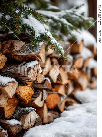 stack of firewood with snow and pine needles 129888943