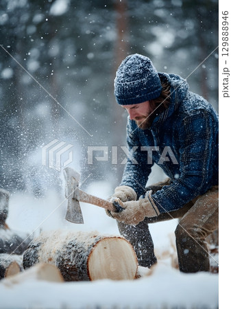 man chopping wood in winter forest 129888946