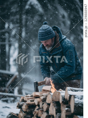 man chopping wood in winter forest 129888947