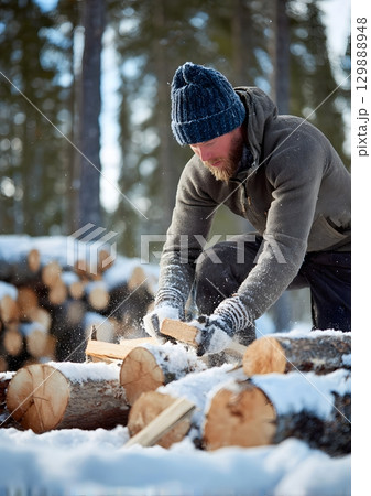 man chopping wood in winter forest 129888948