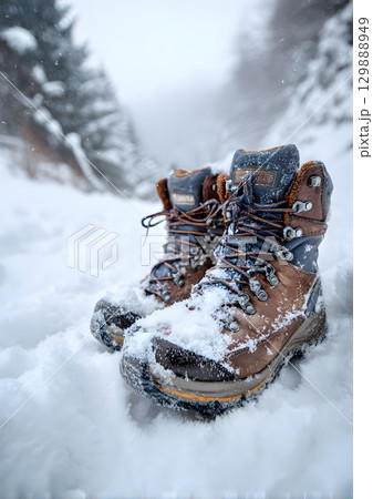 winter boots standing in deep snow 129888949