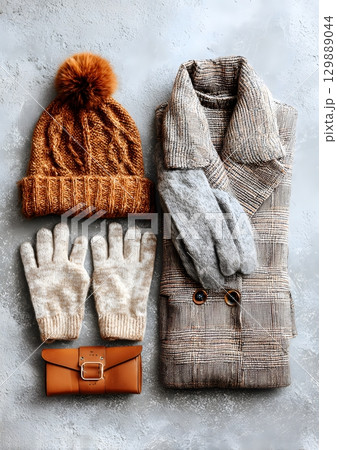 winter fashion flat lay with hat gloves and coat 129889044