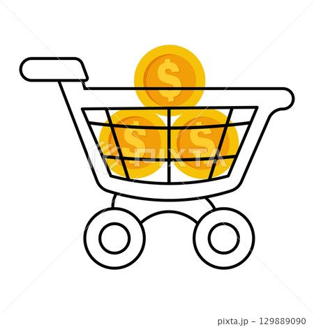 Shopping Cart with Coins Vector Illustration. A shopping cart filled with gold coins featuring dollar symbols. Perfect for websites, advertisements, apps. 129889090
