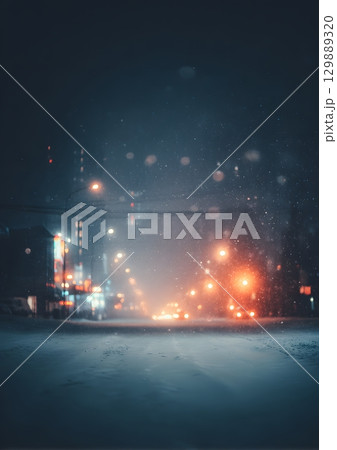 blurry snowstorm night with glowing city lights 129889320