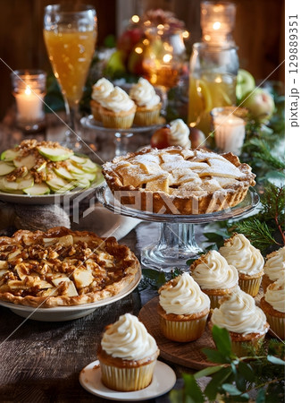 festive dessert table with pies cupcakes and cider 129889351