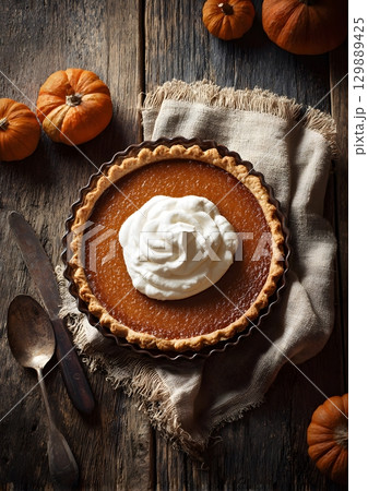 top view of pumpkin pie with whipped cream on rustic table top view of pumpkin pie with whipped cream on rustic table 129889425